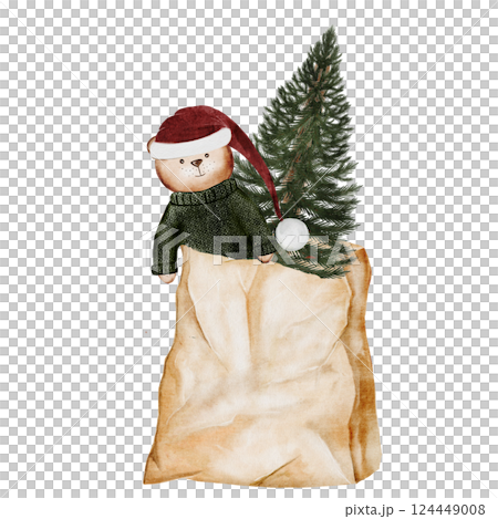 Christmas card watercolor. Christmas tree in a bag. Evergreen plant with a teddy bear in paper packaging on a white background. Ideal for New Year and Christmas cards and posters 124449008