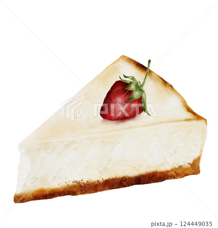 Classic cheesecake. Watercolor illustration of New York cheesecake on isolated white background. A piece of cottage cheese pie decorated with berries. Ideal for coffee shop, pastry shop menu and logo 124449035