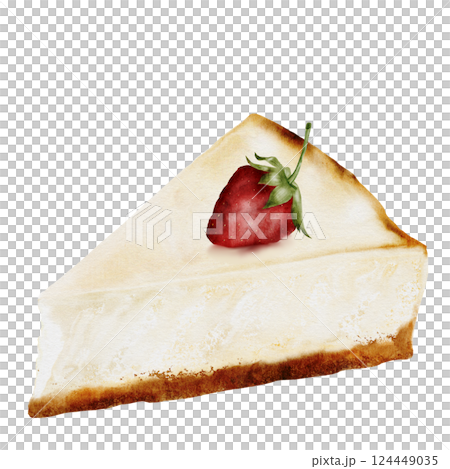 Classic cheesecake. Watercolor illustration of New York cheesecake on isolated white background. A piece of cottage cheese pie decorated with berries. Ideal for coffee shop, pastry shop menu and logo 124449035
