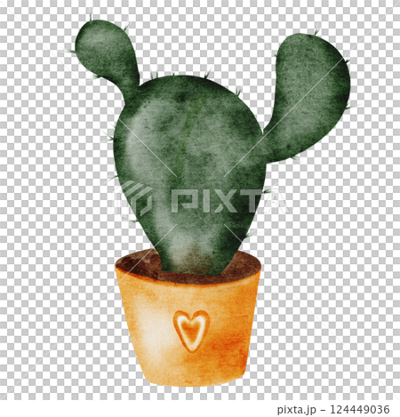Cactus cartoon watercolor. Cute potted plant hand drawn on isolated white background. Clip art plant in naive style. Ideal for educational cards and posters 124449036