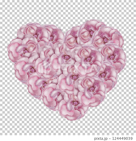 Pink rose in heart shape watercolor illustration. Hand drawn love flower on isolated white background. Ideal for valentine's day cards and packaging of candies and cosmetics 124449039