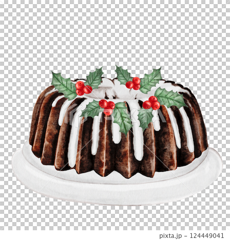 Christmas cake watercolor. Hand drawn traditional holiday cake. Clip art of chocolate pastry on isolated white background. Ideal for cookbook and bakery menu Christmas cake watercolor. Hand drawn traditional holiday cake. Clip art of chocolate pastry on isolated white background. Ideal for cookbook and bakery menu 124449041