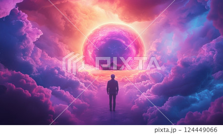 A vibrant scene depicting a figure standing in clouds, gazing at a large, colorful celestial orb illuminated by purple and pink hues. 124449066