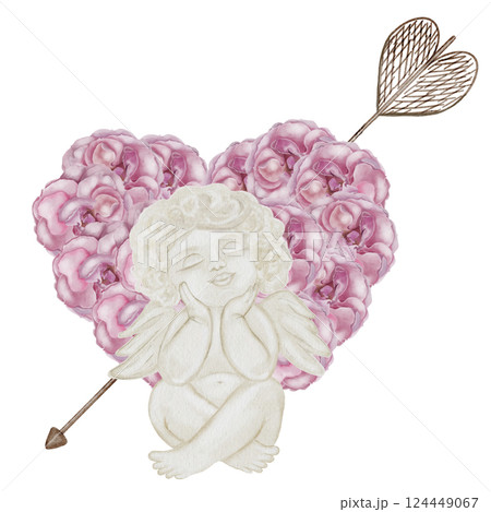 Cherub angels cupids watercolor. Hand drawn little boy with a pink heart of roses on a white background. Clip art religious. Perfect for Valentine's Day and Christening cards and posters. High quality 124449067