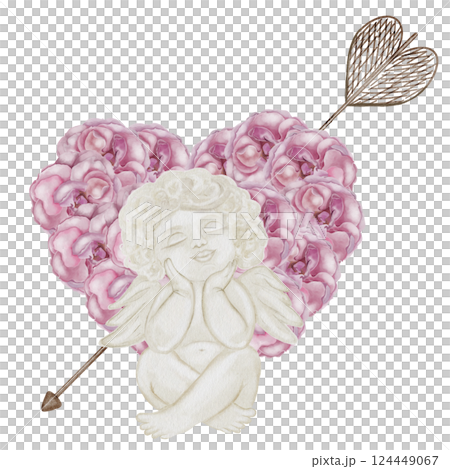 Cherub angels cupids watercolor. Hand drawn little boy with a pink heart of roses on a white background. Clip art religious. Perfect for Valentine's Day and Christening cards and posters. High quality 124449067