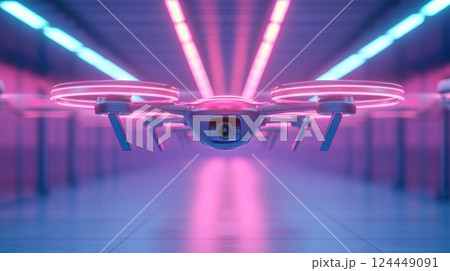 A futuristic drone illuminated by vibrant neon lights in a sleek, modern environment 124449091