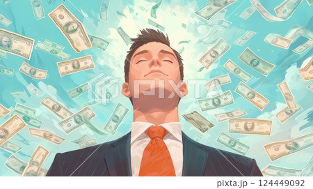 A confident businessman stands beneath a shower of money, symbolizing success, wealth 124449092