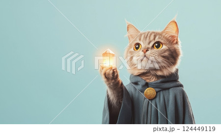 A charming cat in a wizard's cloak casts a magical glow 124449119