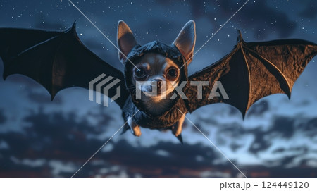 A whimsical bat-like dog, resembling a Chihuahua, flies through a starry night sky 124449120