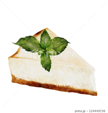 Classic cheesecake watercolor. Illustration of New York cheesecake on isolated white background. A piece of cottage cheese pie decorated lemon and mint. Ideal for coffee shop, pastry shop menu and 124449156