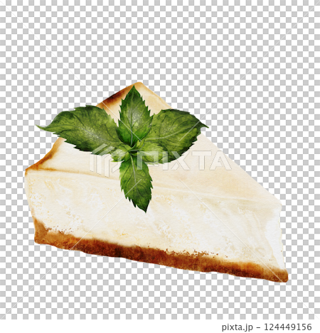 Classic cheesecake watercolor. Illustration of New York cheesecake on isolated white background. A piece of cottage cheese pie decorated lemon and mint. Ideal for coffee shop, pastry shop menu and 124449156