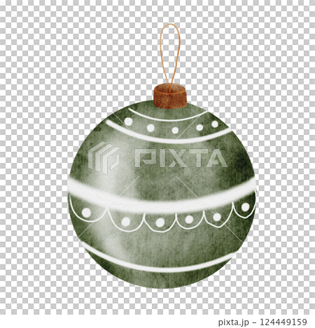 Christmas tree toy ball. Hand drawn watercolor glass ball on isolated white background. Clip art of festive new year element. Ideal for cards and invitations for Christmas and 2024 Christmas tree toy ball. Hand drawn watercolor glass ball on isolated white background. Clip art of festive new year element. Ideal for cards and invitations for Christmas and 2024 124449159