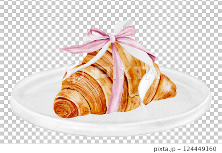 Croissant watercolor illustration. Hand drawn fresh french bun with a bow. Food clip art. Ideal for bakery prints, postcards and pastry shop posters. 124449160