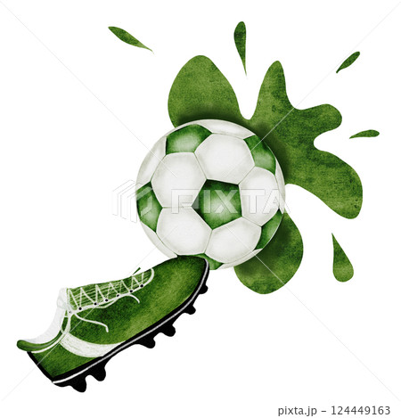 Football watercolor. Hand drawn composition of football player's boot with a soccer ball. Clip art of sports illustration on isolated white background. Ideal for advertising flyers, posters and match Football watercolor. Hand drawn composition of football player's boot with a soccer ball. Clip art of sports illustration on isolated white background. Ideal for advertising flyers, posters and match 124449163