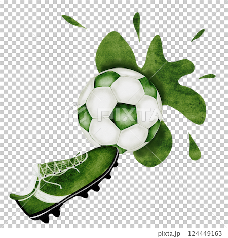 Football watercolor. Hand drawn composition of football player's boot with a soccer ball. Clip art of sports illustration on isolated white background. Ideal for advertising flyers, posters and match Football watercolor. Hand drawn composition of football player's boot with a soccer ball. Clip art of sports illustration on isolated white background. Ideal for advertising flyers, posters and match 124449163