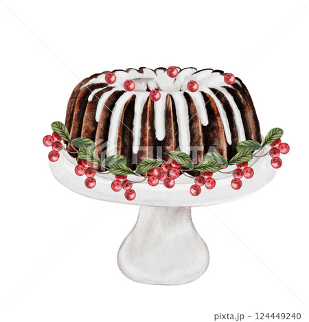 Christmas cake watercolor. Hand drawn traditional holiday chocolate cake. Clip art of pie on isolated white background. Ideal for cookbook and bakery menu Christmas cake watercolor. Hand drawn traditional holiday chocolate cake. Clip art of pie on isolated white background. Ideal for cookbook and bakery menu 124449240