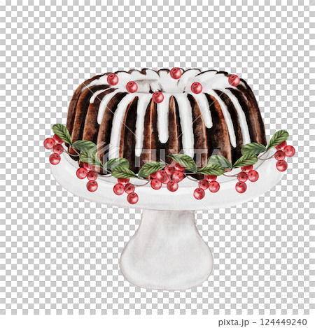 Christmas cake watercolor. Hand drawn traditional holiday chocolate cake. Clip art of pie on isolated white background. Ideal for cookbook and bakery menu Christmas cake watercolor. Hand drawn traditional holiday chocolate cake. Clip art of pie on isolated white background. Ideal for cookbook and bakery menu 124449240