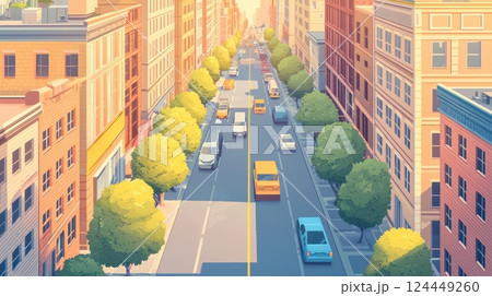 A vibrant urban street scene featuring trees, parked cars, and buildings A vibrant urban street scene featuring trees, parked cars, and buildings 124449260
