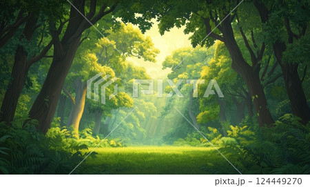 A serene forest with lush greenery and sunlight filtering through the trees 124449270