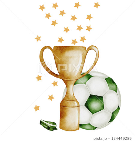 Football Watercolor. Hand drawn composition of a trophy cup, soccer ball, whistle and stars . Clip art of championship equipment on isolated white background. Ideal for posters, flyers and game Football Watercolor. Hand drawn composition of a trophy cup, soccer ball, whistle and stars . Clip art of championship equipment on isolated white background. Ideal for posters, flyers and game 124449289