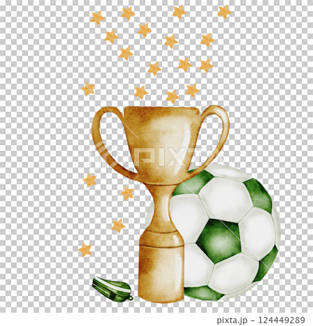 Football Watercolor. Hand drawn composition of a trophy cup, soccer ball, whistle and stars . Clip art of championship equipment on isolated white background. Ideal for posters, flyers and game Football Watercolor. Hand drawn composition of a trophy cup, soccer ball, whistle and stars . Clip art of championship equipment on isolated white background. Ideal for posters, flyers and game 124449289