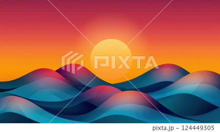 A vibrant sunset over stylized waves, featuring rich gradients of orange, pink, and blue A vibrant sunset over stylized waves, featuring rich gradients of orange, pink, and blue 124449305