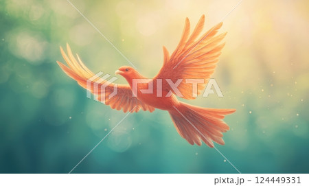 A vibrant orange bird spreads its wings in flight, set against a dreamy, softly lit background A vibrant orange bird spreads its wings in flight, set against a dreamy, softly lit background 124449331