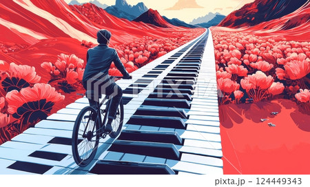 A surreal landscape featuring a person cycling on a giant piano keyboard, surrounded by vibrant red flowers and colorful mountains in the background. 124449343