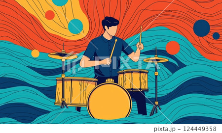 A vibrant illustration of a drummer playing amidst waves of colorful patterns 124449358