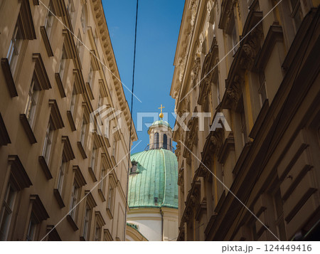 Vienna, Austria - 31 July 2023: Karlskirche church on Karlsplatz square at sunset 124449416