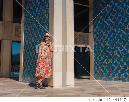 Young female tourist exploring iconic landmarks of the United Arab Emirates. 124449447