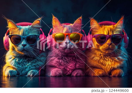 A group of three cats of different colors wearing headphones and sunglasses on a dark background. Animal theme. 124449600