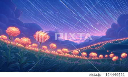 A dreamy landscape featuring glowing flowers under a starry sky A dreamy landscape featuring glowing flowers under a starry sky 124449621