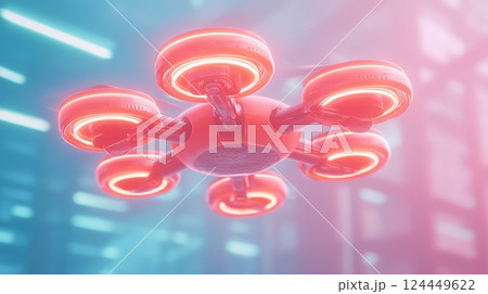 A vibrant, futuristic drone with illuminated rotors hovers in a high-tech environment 124449622