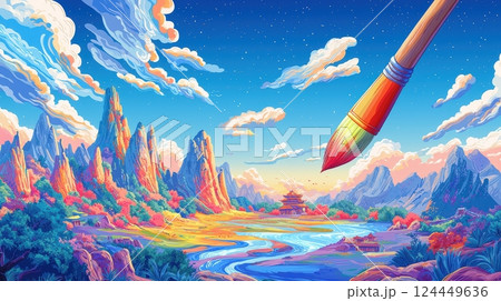 A colorful landscape with mountains, a river, and a giant paintbrush A colorful landscape with mountains, a river, and a giant paintbrush 124449636