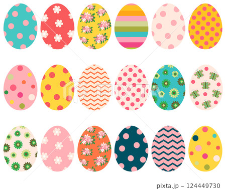 Colorful Easter eggs with flowers, dots and patterns for greeting cards, and egg hunt designs Colorful Easter eggs with flowers, dots and patterns for greeting cards, and egg hunt designs 124449730