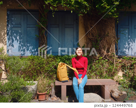 Tourist woman enjoys historic charm of Hochst near Frankfurt Tourist woman enjoys historic charm of Hochst near Frankfurt 124449768
