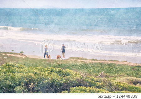 アメリカ、カリフォルニアのビーチで犬の散歩をしているカップル(オリジナル画像からAIイラスト加工)) アメリカ、カリフォルニアのビーチで犬の散歩をしているカップル(オリジナル画像からAIイラスト加工)) 124449839