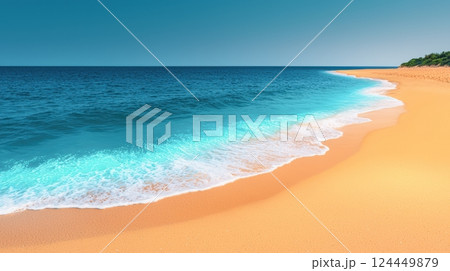 A tranquil beach scene with golden sand, turquoise waves, and a clear blue sky 124449879