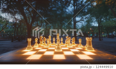 A glowing chess set illuminated in a serene park, surrounded by trees 124449910