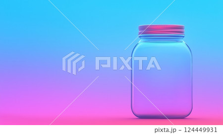 A clear glass jar with a pink lid sits against a soft gradient background of blue and purple hues. 124449931