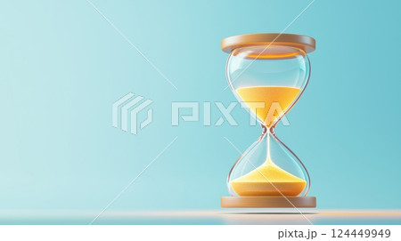 A sleek hourglass with yellow sand, set against a soothing blue background, the passage of time and the importance of time management. 124449949