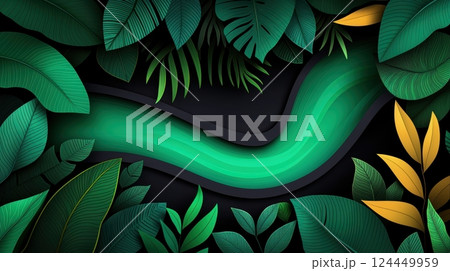A vibrant illustration featuring lush green foliage surrounding a winding, glowing river against a dark background. 124449959