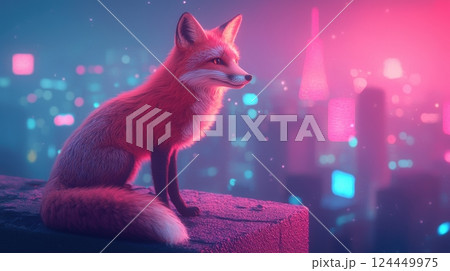 A vibrant fox perched on a ledge, gazing at a colorful cityscape filled with neon lights 124449975