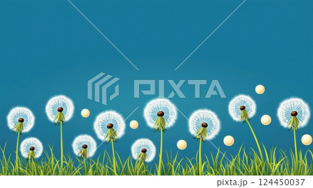 A serene field of dandelions sways gently against a clear blue sky, with fluffy seed heads ready to disperse. 124450037