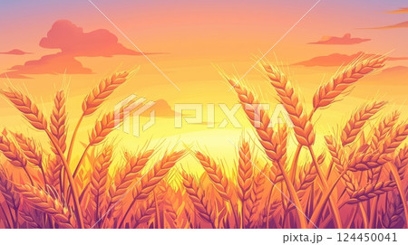 A vibrant sunset casts golden hues over a field of wheat 124450041