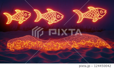 A glowing underwater scene showcasing orange fish illuminated by lights 124450042