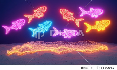 A vibrant underwater scene featuring glowing fish in various colors 124450043