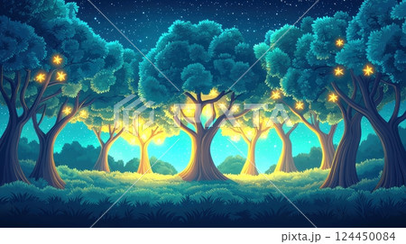 A magical forest illuminated by glowing lights under a starry night sky 124450084