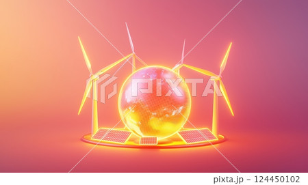 A glowing globe surrounded by wind turbines and solar panels, sustainable energy and environmental concept 124450102